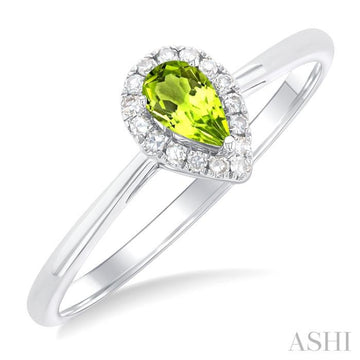 5x3 MM Pear Shape Peridot and 1/20 Ctw Single Cut Diamond Halo Semi-Precious Ring in 10K White Gold